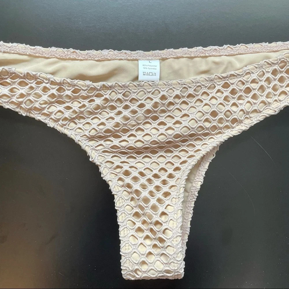 Nude Fishnet Bikini Cheeky High Leg Bottoms Criss Cross Top Size Large - Picture 12 of 14